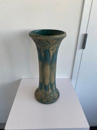 Vintage Red Wing Union Stoneware Co.  Teal Glazed Vase With Flower Design