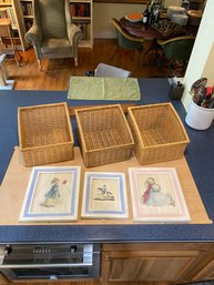 A Grouping Of 3 Storage Baskets & 3 Framed Prints