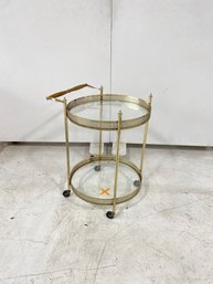 Vintage Mid-Century Circular Brass Rolling Bar Cart With Wooden Handle