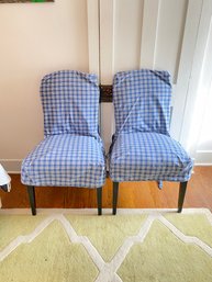 A Pair Of Shield Back Chairs With Blue & White Check Slip Covers
