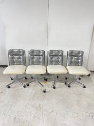 Mid-Century Silver And Cream Tufted Rolling Chairs (set Of 4)