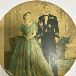 Vintage Huntley & Palmers Biscuit Tin With Queen Elizabeth II And Prince Philip (with Other Items)