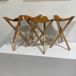 Set Of Four Foldable Tripod Chairs (Wooden Legs With Leather Seat)