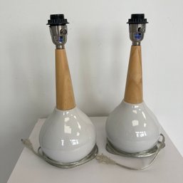 Pair Of White Lamps With Wood Neck