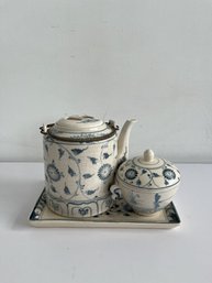 Vintage Blue & White Floral Pattern Teapot, Sugar Bowl, & Tray