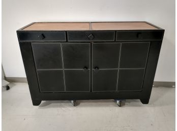 Brown Buffet W/Leather Accents And Beige Stitching