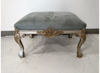 Blue Ultra Suede Ottoman With Ornate Silver Frame
