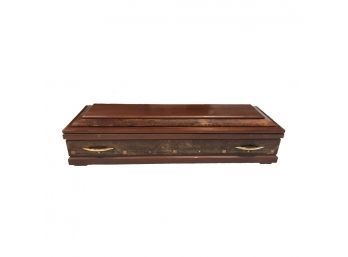 Coffin W/Burled Wood Finish W/Gold Hardware & Interior Pillows