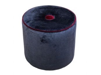 Plush Round Charcoal Grey/Black Ottoman With Maroon Piping And Center Button #2