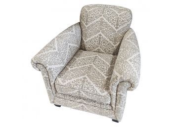 Comfy Upholstered Club Chair With Rolled Arm And Neutral Pattern Fabric
