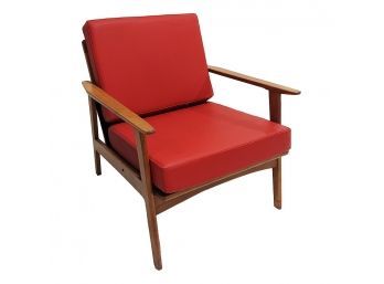 Mid Century Modern Occasional Chair With Walnut Frame And Red Cushions