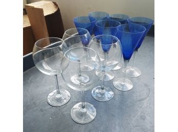 Set Of Four Wine Goblets & Set Of Six Blue Flute Glassware