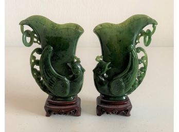 A Pair Of Antique Spinach Jade Drinking Cups With Hand Carved Chinese Phoenix  And Wood Bases