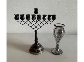 9 Branched Menorah And Small Vase With Silver Accents