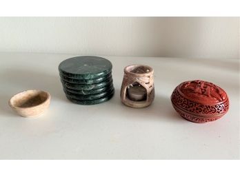 6 Green Marble Coasters (PB), 1 Carved Asian Box, &  Mini Soap Stone Oil Diffuser