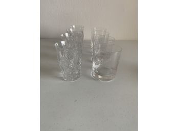 Set Of 4 Cut Glass Juice Glasses & Set Of 4 Etched Glass