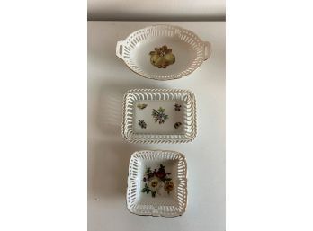 3 Fine China Trinket Dishes With Basket Weave Edge