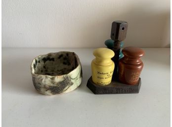 Vintage Condiment Holder With Stand & Hand Made Pottery Bowl