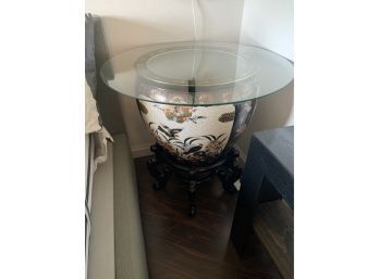 Large Asian Urn With Wood Base & Glass Table Top