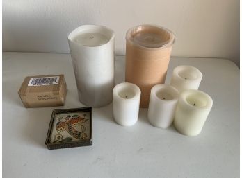 Collection Of Flameless Candles , 6 Used Batteries, & Decorative Dish