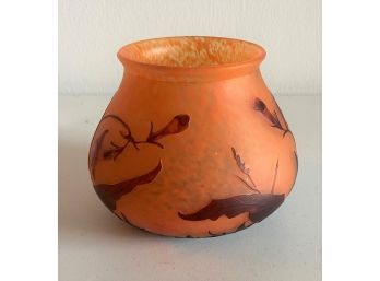 Small Orange Hand Made Cameo Style Art Glass Vase- Daum Nancy Signed.