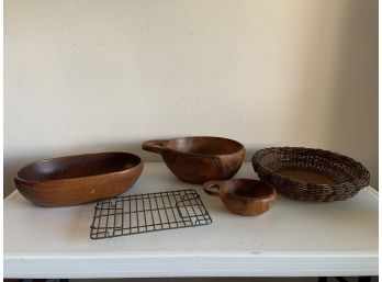 3 Wooden Bowls, 1 Rack, & Hearty Basket