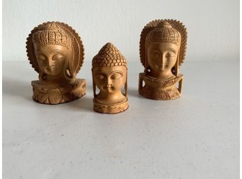 Trio Of Wood Carved Buddha Heads