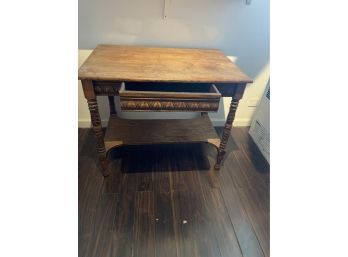 Small Vintage Fruitwood Table With Stretcher Shelf & Drawer-turned Leg And Carved Detailing