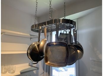 Assorted Pots & Pans, With Hanging Rack. Assorted Miss-matched  Lids
