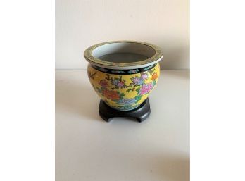 Yellow Asian Floral Planter With Carved Wood Base