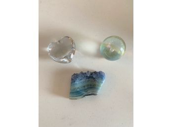 Baccarat Crystal Heart, Eickhart Art Glass Sphere, & Blue Geode Dish