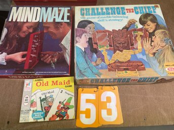 3 Vintage Board Games MIND MAZE, CHALLENGE The CHIEF, Jumbo OLD MAID