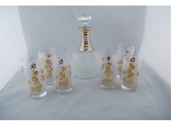 MCM Gold Grape Leaf Glasses With Frosted Decanter