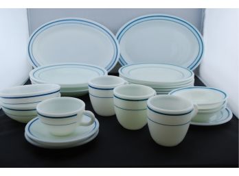 Large Collection Of Pyrex Tableware In Teal Stripe
