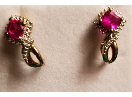 Cushion Cut Ruby & Diamond Earrings 14kt Gold Overlay Gemstone