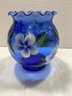 Blue Glass Painted Floral Vase Signed ' Carl'