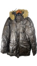 Men's Size Large Tommy Hilfiger Brown Faux Leather Zip Up Parka Jacket Coat