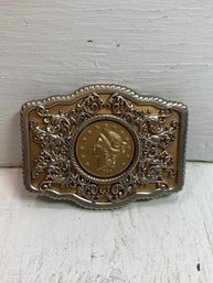 Liberty ' Coin' Gold  Silver Tone Belt Buckle