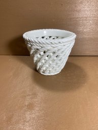 White Basket Weave Candle / Plant Holder Made In Spain