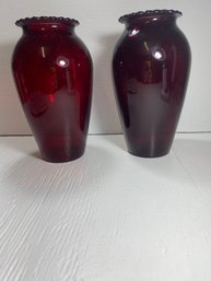 Set Of 2 Red Ruffled Vases