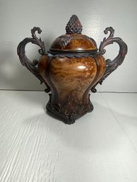 Brown Marbled Handled Urn Style Jar With Lid