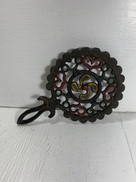 Colored Cast Iron Trivet With Handle Marked ' 27CH'