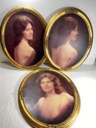 Set Of 3 Old Photographs In Gold Tone Wooden Oval Frames