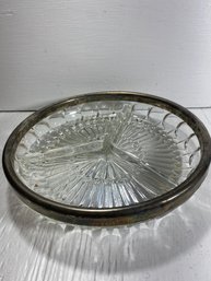 9' Divided Clear Cut Glass Platter Bowl With Silver Plate Rim