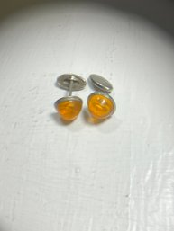 Set Of Orange And Silver Tone Cuff Links