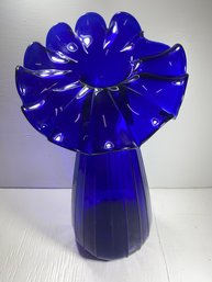 Blue Glass Ruffled Vase Made In Italy
