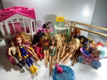 Large Lot Of Barbies- House, Furniture, Dolls, And More