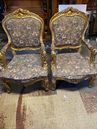 Set Of 2 Victorian Gilded Upholstered Deer Chairs