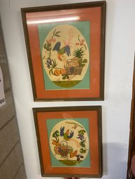 Set Of 2 Unmarked Prints With Wooden Frames Birds With Fruit
