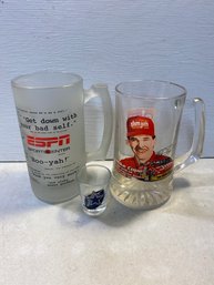 Lot Of 3 Sports Beer Mugs And Cowboys Shot Glass